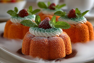 Colorful dessert treats topped with strawberries and mint on a plate in a cozy dining setting