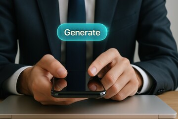 Businessman holding smartphone with holographic generate button icon representing AI generation, automation and digital technology
