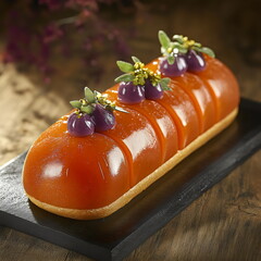 Colorful dessert with glossy glaze and edible flowers presented on a black plate in a warm-lit setting