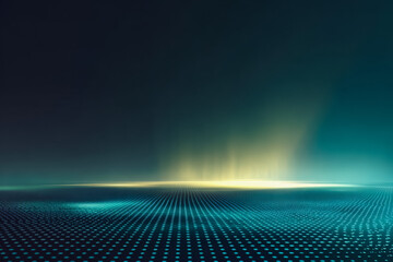 Dark blue background with a yellowish glow. The image is of a large, empty space with a few dots scattered throughout