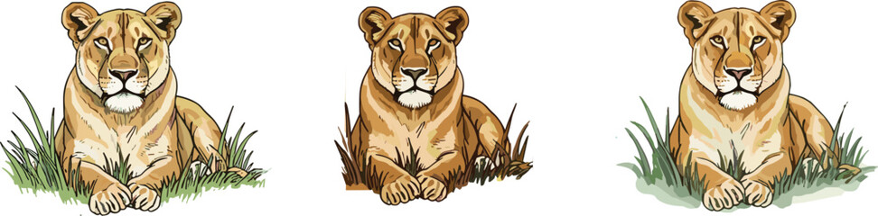 Lioness illustration resting on grass, majestic big cat artwork, African wildlife predator drawing, jungle animal vector, safari nature design