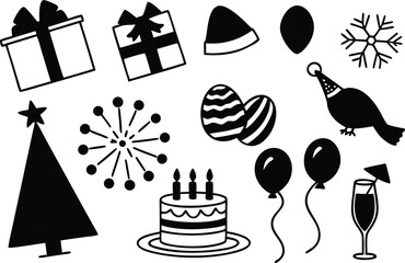 Christmas vector icon set, holiday illustration of presents, tree, cake, and celebration decoration symbols