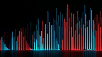 Series of blue and red lines are displayed on a black background. The colors are vibrant and the lines are long