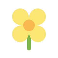 Simple stylized yellow flower with an orange center and a green stem on a white background, flat design illustration.