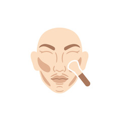 Illustration of a face with contouring makeup application using a brush, showing defined facial features.