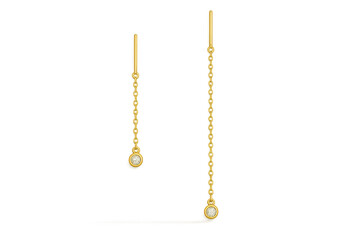 Gold chain earrings with sparkling gems, isolated on transparent.