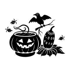 "Vector Samhain Linocut Collection – Carved Pumpkin, Cauldron & Raven Elements for Seasonal Design"