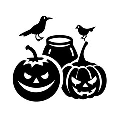 "Vector Samhain Linocut Collection – Carved Pumpkin, Cauldron & Raven Elements for Seasonal Design"