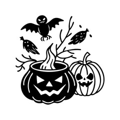 "Vector Samhain Linocut Collection – Carved Pumpkin, Cauldron & Raven Elements for Seasonal Design"
