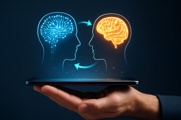 Photo realistic hologram of artificial intelligence brain and human brain communication above tablet hand with glowing futuristic technology