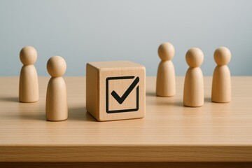 Wooden block with black check mark icon surrounded by peg figures representing approval, decision making and business certification
