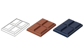 Vector art of three chocolate bar illustrations on a, showcasing a line art version, a milk chocolate version, and a dark chocolate version