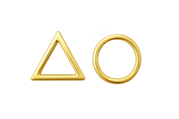 Vibrant golden metallic triangle and circle 3D shapes on transparent background