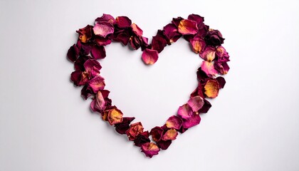 Obraz premium Heart shape formed by dried rose petals on a white background