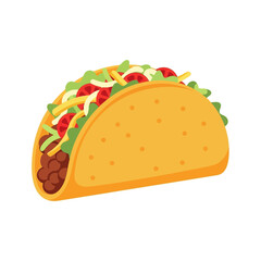 A vibrant cartoon illustration of a classic hard-shell taco filled with seasoned ground meat, crisp lettuce, shredded cheese, and diced tomatoes on a white background.