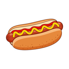 A cartoon illustration of a classic hot dog in a bun, topped with wavy lines of red ketchup and yellow mustard, isolated on a white background.