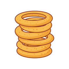 A cartoon illustration depicting a stack of six golden-brown, ring-shaped food items, resembling onion rings or bagels, on a plain white background.
