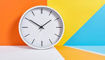Minimalist White Clock on Vibrant Geometric Background with Orange, Yellow, and Blue