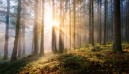Naklejka premium Soft Light Filters Through The Tall Trees In A Misty Forest Creating A Serene And Magical Ambiance At Dawn