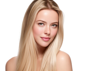 Blonde woman with sleek, healthy hair looking at camera on white background.