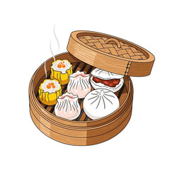 An assortment of classic Chinese dim sum, including dumplings and buns, served hot in a bamboo steamer basket.