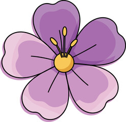 Cartoon purple flower with five petals, yellow center, black filaments, stylized vector illustration for kids, decoration, nature, education, design
