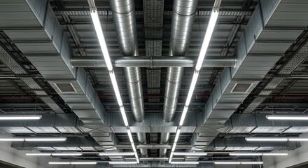 Symmetrical exposed industrial ceiling in commercial interior with ducts and linear lighting.