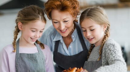 Capture a tender moment of three females united in culinary creation. A grandma and her two granddaughters are captured in the kitchen.