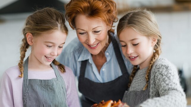 Capture a tender moment of three females united in culinary creation. A grandma and her two granddaughters are captured in the kitchen. - Powered by Adobe