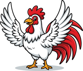 Cartoon rooster with white body, red comb, vibrant tail, expressive eyes, cheerful pose, farm animal character for kids and design