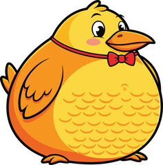 Cartoon round yellow bird with red bow tie, smiling face, expressive eyes, isolated vector illustration for kids, design, decoration