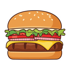 A delicious-looking hamburger with a sesame seed bun, lettuce, tomato, onion, and melted cheese.