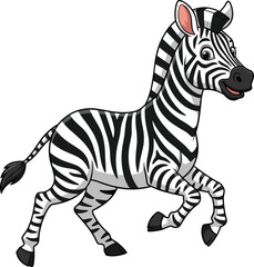Cartoon zebra with expressive eyes and smiling face, black and white stripes, dynamic pose, isolated vector for kids, education, design
