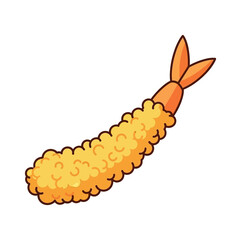 A cartoon illustration of a single piece of golden-fried tempura shrimp.