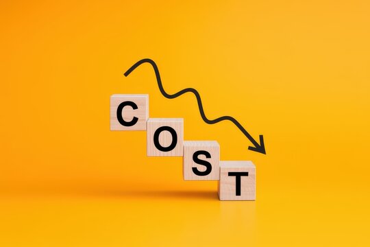 Business concept of decreasing expenses, showing wooden cubes with the word COST and a falling arrow on a yellow background