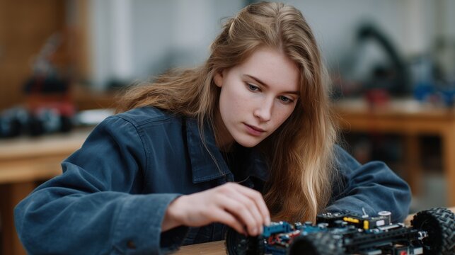 A focused young woman assembles a complex machine, a testament to her precision, technical skills, and unwavering dedication to her craft.