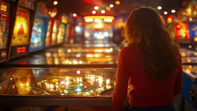 A lone player stands captivated by dynamic glowing displays of vintage pinball machines in warmly lit entertainment parlor