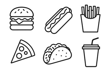 Icons of popular fast food items: burger, hotdog, fries, pizza, taco, drink