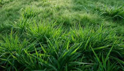 Fototapeta premium Fresh Green Grass Adorned With Morning Dew Under Natural Light From An Overhead Perspective