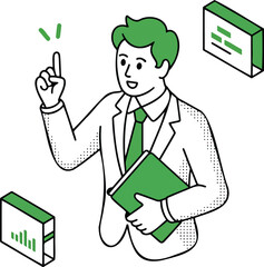 Isometric Businessman with Folder and Chat Icons – Vector for Strategy and AI Communication isolated On Transparent Background