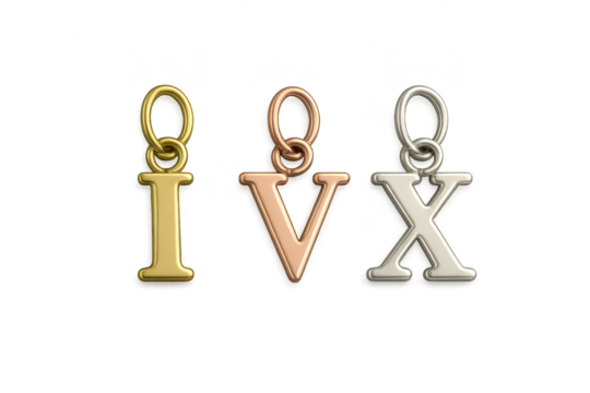 I, V, X Roman numeral charms, metal alloy, isolated on transparent background.