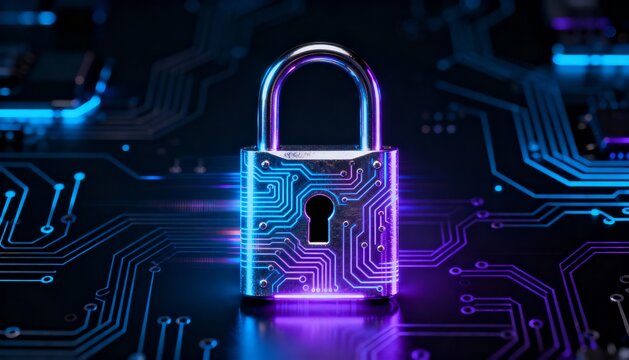 Abstract cyber padlock glowing in dark background with circuit board lines and neon accents