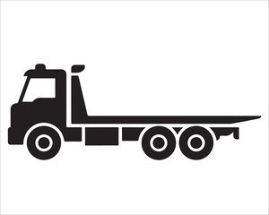 Flatbed tow truck silhouette vector illustration, heavy duty recovery vehicle icon in black and white, transport truck design for automotive, logistics, cargo delivery and roadside assistance concepts