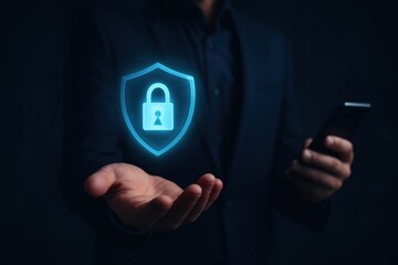Man holding smartphone with floating digital shield lock icon symbolizing online privacy, cybersecurity and secure data protection
