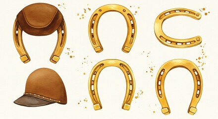 Golden horseshoes and equestrian caps collection on a light background