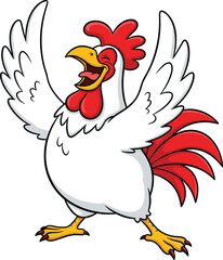 Joyful cartoon rooster with red comb, white feathers, open beak, raised wings, expressive pose, colorful farm animal character on white