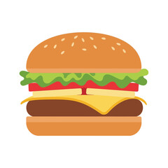 A classic cheeseburger with a beef patty, cheese, lettuce, and tomato, depicted in a simple flat vector illustration style.