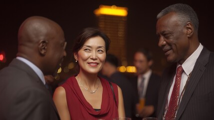 A group of professional colleagues engage in an animated and cordial conversation, illuminated by soft lighting, at an evening gathering. Capturing the essence of connection and camaraderie.