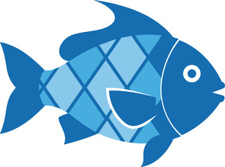 Stylized cartoon blue fish with diamond pattern, large eye, abstract aquatic character for kids, logos, education, and design use