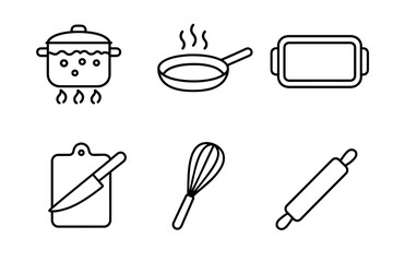 Kitchen utensils icons: pot, pan, tray, knife, whisk, rolling pin